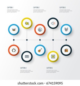 Music Colorful Outline Icons Set. Collection Of Keys, Tambourine, Loudspeakers And Other Elements. Also Includes Symbols Such As Set, Strings, Earphones.