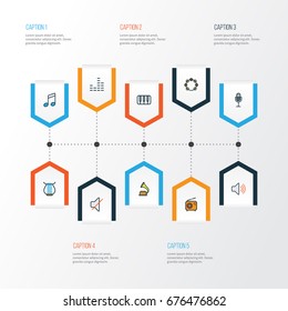 Music Colorful Outline Icons Set. Collection Of Set, Harp, Amplifier And Other Elements. Also Includes Symbols Such As Volume, Off, Music.