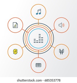 Music Colorful Outline Icons Set. Collection Of List, Sound, Headphones And Other Elements. Also Includes Symbols Such As Volume, Keys, Soundtrack.