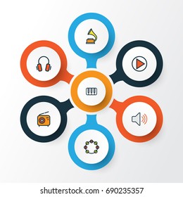 Music Colorful Outline Icons Set. Collection Of Set, Gramophone, Keys And Other Elements. Also Includes Symbols Such As Set, Play, Tambourine.