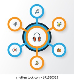 Music Colorful Outline Icons Set. Collection Of Headphones, Loudspeakers, Play And Other Elements. Also Includes Symbols Such As Notes, Music, Radio.