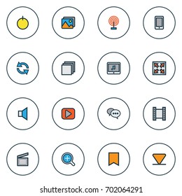 Music Colorful Outline Icons Set. Collection Of Silence, Flag, Cellphone And Other Elements. Also Includes Symbols Such As Telephone, Synchronize, Mute.