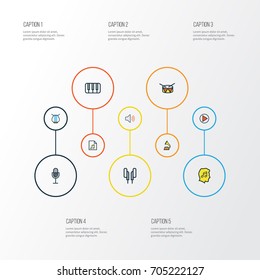 Music Colorful Outline Icons Set. Collection Of Keys, Harp, Play And Other Elements. Also Includes Symbols Such As Keys, Volume, Strings.