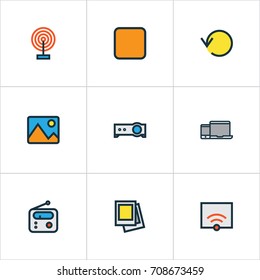 Music Colorful Outline Icons Set. Collection Of Signal, Cast, Presentation And Other Elements. Also Includes Symbols Such As Repeat, Image, Telephone.