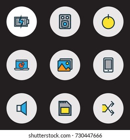 Music Colorful Outline Icons Set. Collection Of Randomize, Memory, Infographic Elements. Also Includes Symbols Such As Picture, Mute, Power.
