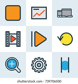 Music Colorful Outline Icons Set. Collection Of Gear, Chart, Refresh And Other Elements. Also Includes Symbols Such As Telephone, Gear, Slideshow.