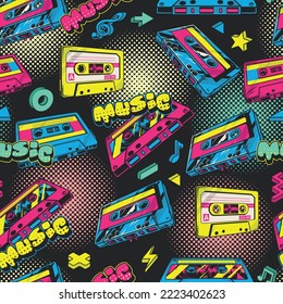 Music colorful pattern seamless vintage cassettes with hits from your favorite singers for dance disco or holiday party vector illustration