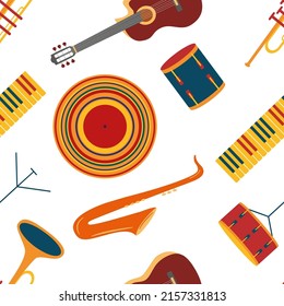 Music colorful seamless vector pattern with music instruments. Fun modern design.