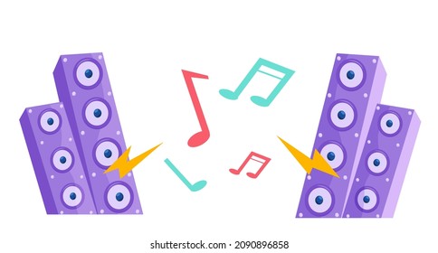 Music column and funny notes. Mobile speaker on white background. Two speakers moving with musical notes that come out of them. Musical equipment for amplifying sound on stage for large audience