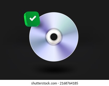 Music compact disc with checkmark icon. 3d vector illustration
