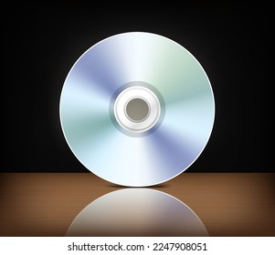 Music compact disc with reflection on a table. 3d vector mockup