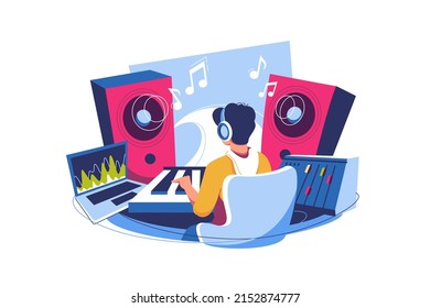 Music composer creating and recording music at workplace with computer, professional equipment, software vector illustration. Musician idea svg