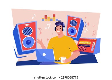Music composer creating and recording music at the workplace with a computer, professional equipment, software