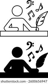 Music Composer Icons. Black and White Vector Illustrations. Man with Pen Writes Melody. Musical Notes. Music Concept