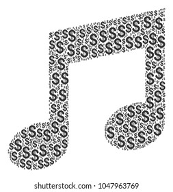 Music composition of dollar symbols. Vector dollar currency pictograms are united into music illustration.