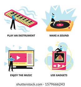 Music compositions set of small human characters sound playback devices music instruments and computer with text vector illustration