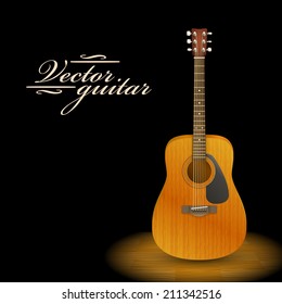 Music concept. Acoustic guitar standing under beam of light. Vector