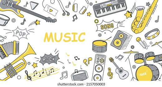 Music concept for banner design with flat line doodle pattern. Hand drawing texture with drum, saxophone, microphone, keys, piano, headphones, notes, guitar and accordion. Vector illustration for web