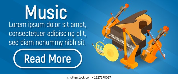 Music concept banner. Isometric banner of music vector concept for web, giftcard and postcard