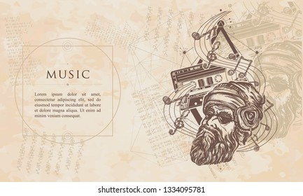 Music concept. Bearded hipster in earphone. Symbol of hard rock, heavy metal, disco. Renaissance background. Medieval manuscript, engraving art 