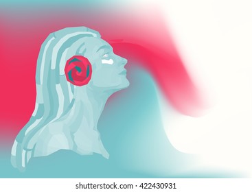 Music Concept card, Polygon Art. Abstract background with futuristic industrial cyberpunk woman. Vector illustration.