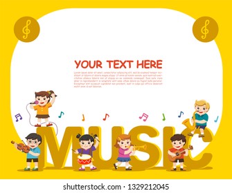 Music concept of children group. Kids playing musical instruments .Template for advertising brochure. Children look up with interest.