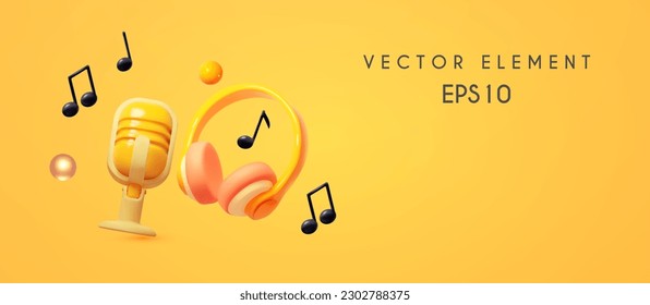 Concepto musical. Auriculares. notas de música y micrófono vocal retro