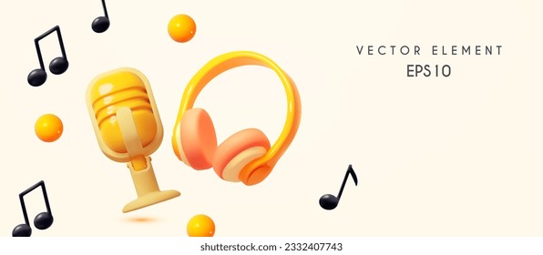 Music concept. Headphones. music notes and retro vocal microphone