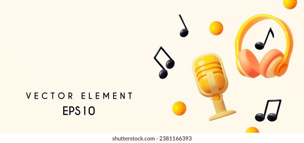 Music concept. Headphones. music notes and retro vocal microphone