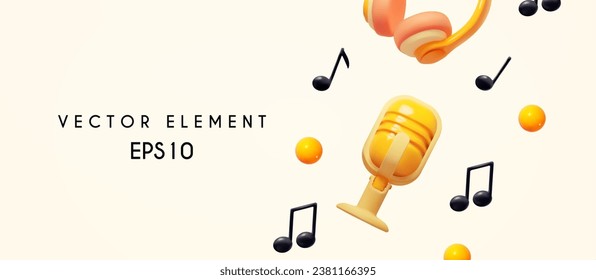Music concept. Headphones. music notes and retro vocal microphone