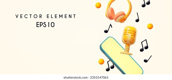 Music concept. Headphones. smartphone, music notes and retro vocal microphone