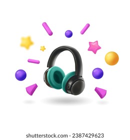 Music concept. Headphones. sound gadget, earphone icon with stars. Musical party, listen radio. 3d vector isolated cartoon.