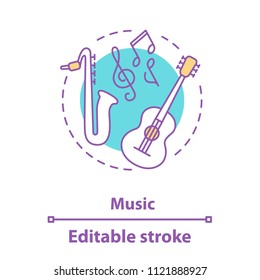 Music concept icon. Music festival or concert idea. Thin line illustration. Symphony orchestra. Guitar, saxophone. Vector isolated outline drawing. Editable stroke