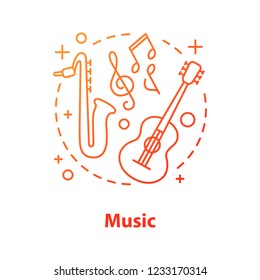 Music concept icon. Music festival or concert idea. Thin line illustration. Symphony orchestra. Guitar, saxophone. Vector isolated outline drawing