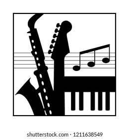 Music concept icon. Parts of black musical instruments guitar saxophone piano with notes on staff cropped by frame. Vector logo illustration for jazz pop band festival concert studio poster banner cd