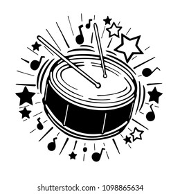 Music concept illustration.
Hand drawn drum, drums ticks, stars, music notes and ray illustration.