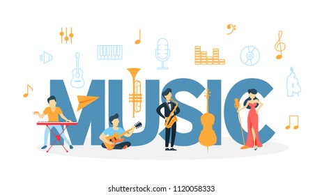 Music concept illustration. Musical instruments and musicians.