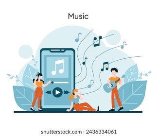 Concepto musical. Individuos perdidos en el ritmo de las melodías, utilizando la tecnología para acceder a las melodías, mostrando la alegría de la expresión musical. Una armoniosa mezcla de sonido y alma. Ilustración de vector