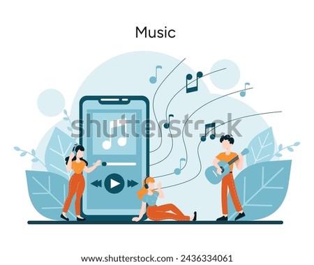 Music concept. Individuals lost in the rhythm of melodies, using technology to access tunes, showcasing the joy of musical expression. A harmonious blend of sound and soul. Vector illustration