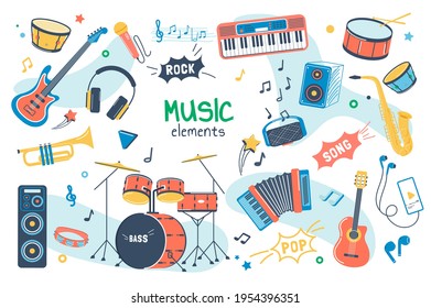 Music concept isolated elements set. Bundle of song creation and recording, guitar, drums, keyboards, saxophone, microphone, headphones, musical instruments. Vector illustration in flat cartoon design