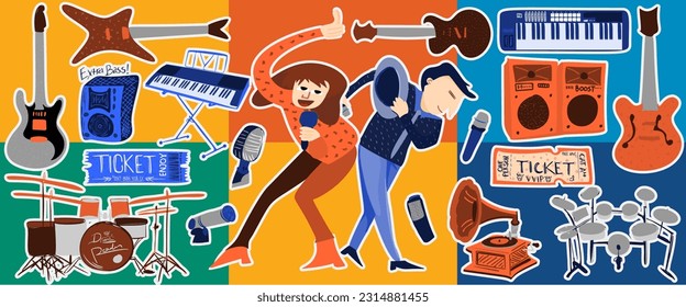 Music concept isolated elements set. Bundle of concert classic vs modern, guitar, drums, keyboards, microphone, musical instruments. Vector illustration in flat cartoon design.