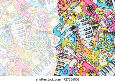 Music concept. Musical instruments and objects. Background design with free text space. Hand drawn doodle style. Print ready template for advertisement, flyer, banner, brochure. Vector illustration.