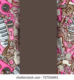 Music concept. Musical instruments and objects. Background design with free text space. Hand drawn doodle style. Print ready template for advertisement, flyer, banner, brochure. Vector illustration.
