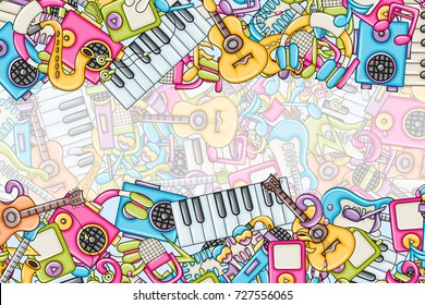 Music concept. Musical instruments and objects. Background design with free text space. Hand drawn doodle style. Print ready template for advertisement, flyer, banner, brochure. Vector illustration.