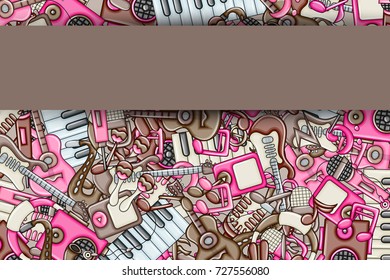 Music concept. Musical instruments and objects. Background design with free text space. Hand drawn doodle style. Print ready template for advertisement, flyer, banner, brochure. Vector illustration.