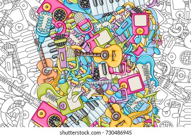 Music concept. Musical instruments and objects. Background design. Black and white outline coloring page game. Hand drawn doodle style. Print ready template for advertisement, flyer, banner, brochure.