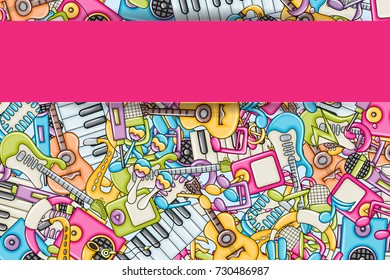 Music concept. Musical instruments and objects. Background design with free space for text. Hand drawn doodle style. Template for advertisement, flyer, banner, brochure. Vector illustration.