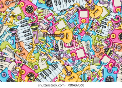 Music concept. Musical instruments and objects. Background design. Hand drawn doodle style. Print ready template for advertisement, flyer, banner, brochure. Vector illustration.