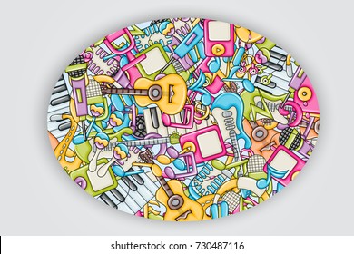 Music concept. Musical instruments and objects. Background design. Hand drawn doodle style. Print ready template for advertisement, flyer, banner, brochure. Vector illustration.