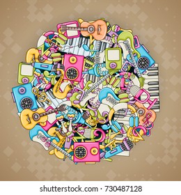 Music concept. Musical instruments and objects. Background design. Hand drawn doodle style. Print ready template for advertisement, flyer, banner, brochure. Vector illustration.